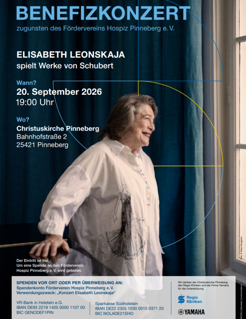 Benefizkonzert zugunsten des Fördervereins Hospiz Pinneberg e.V.
20. September 2026
19:00 Uhr
Christuskirche Pinneberg
Bahnhofstraße 2
25421 Pinneberg
Der Eintritt ist frei. Um eine Spende für den Förderverein Hospiz Pinneberg e.V. wird gebeten.